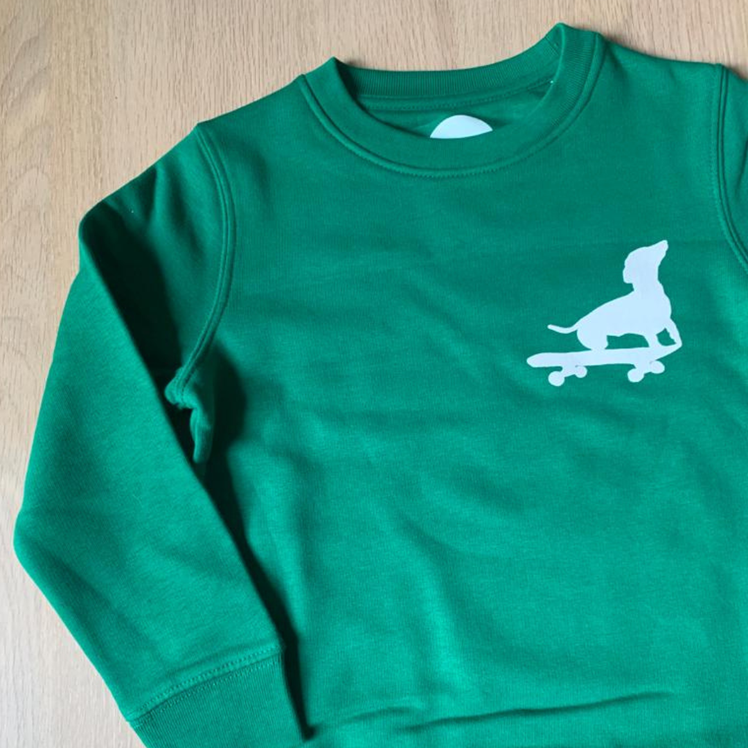 Dog on a Skateboard Green Sweatshirt